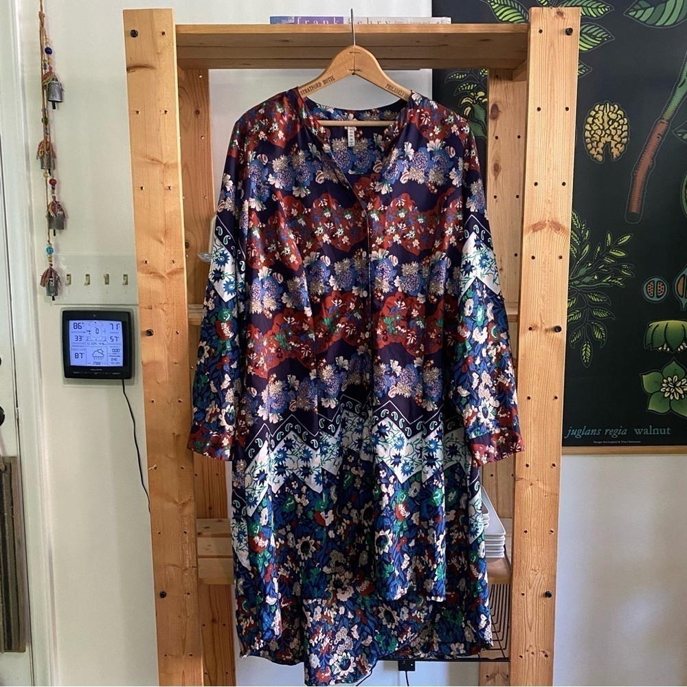 Anthropologie Raga Blue Floral Button Down Midi Shirt Dress 1X - Picture 2 of 16